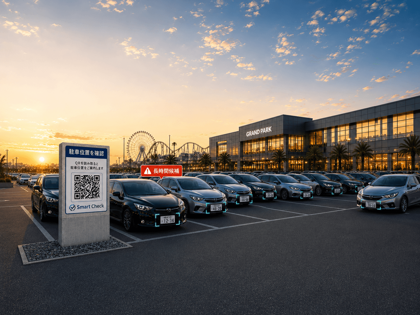 夕暮れの商業施設駐車場。SmartCheckのQR案内看板と駐車車両。